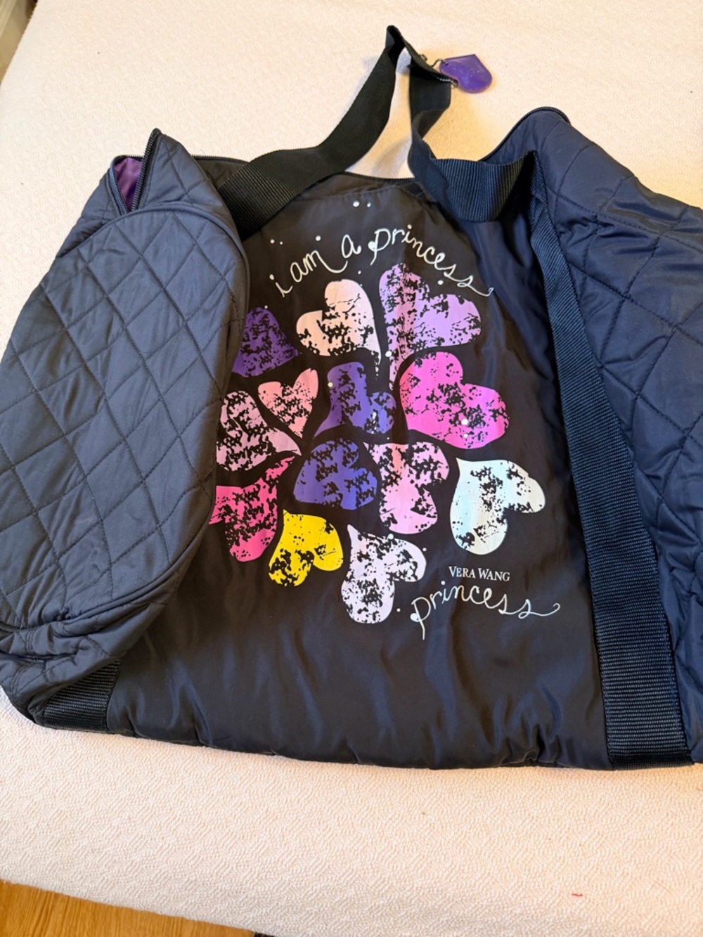 Vera Wang Black Quilted Tote with Multicolor Heart Print